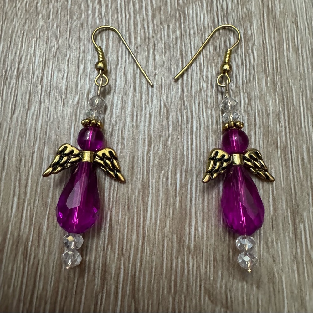 NWT Beaded Pink & Gold Angel Earrings Fish Hooks
